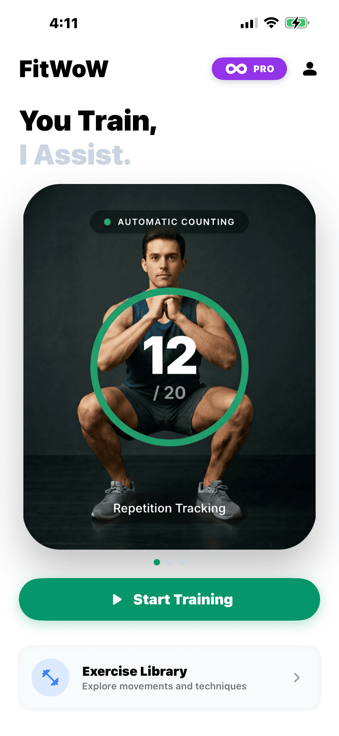 FitWoW main screen showing AI rep counter